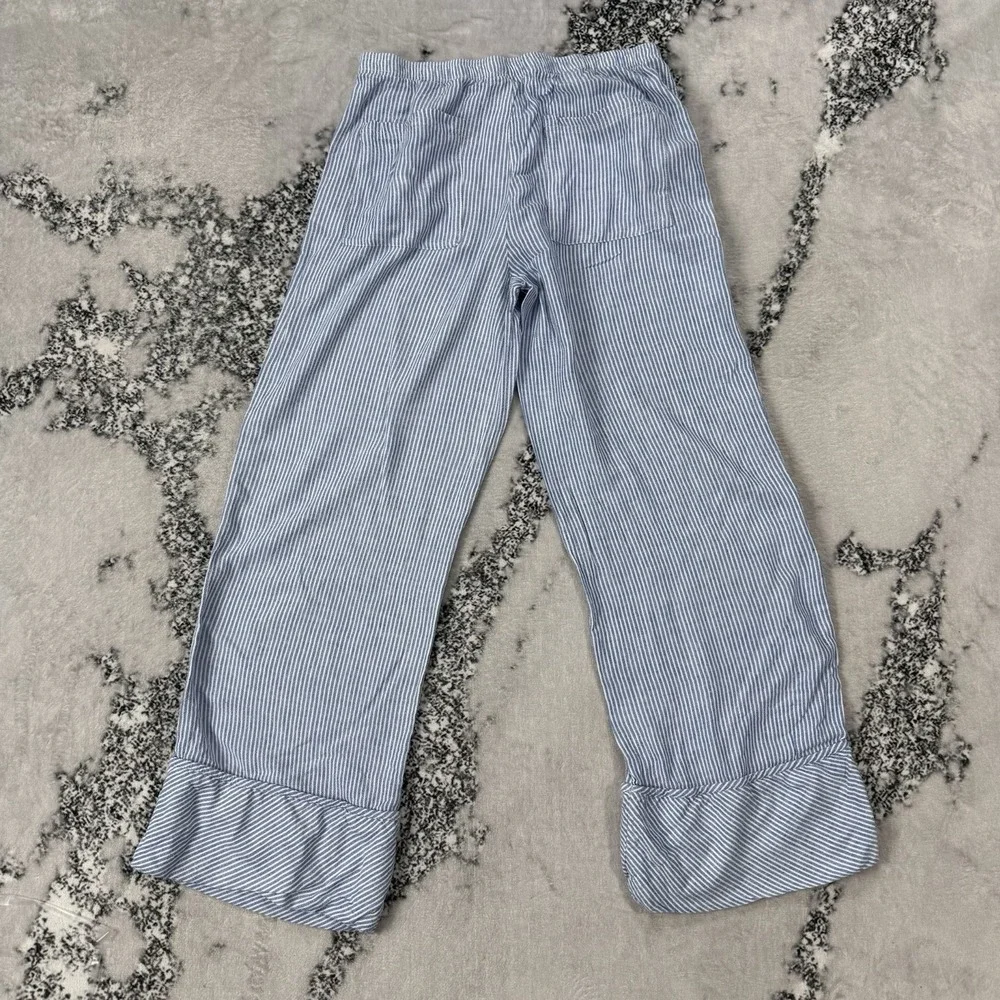 Zara Pants Womens Size L Blue‎ White Stripes Wide Leg Linen Blend Stretch Waist